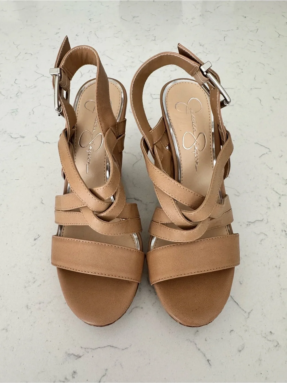Jessica Simpson Tan Woven Leather Strappy Wedge Sandals